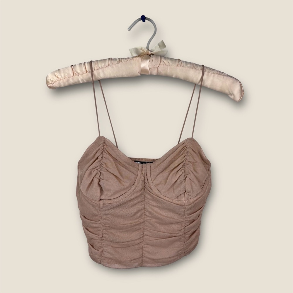Zara Ruched Mesh Corset Top Womens Small Nude Smocked Back Underwire Small Crop‎